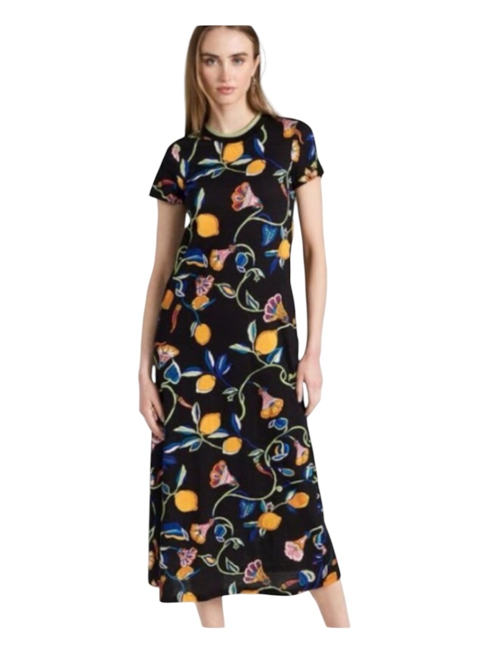 LA DoubleJ Sporty Swing Dress Borboni Cotton Jersey Midi Dress Lemon Print L